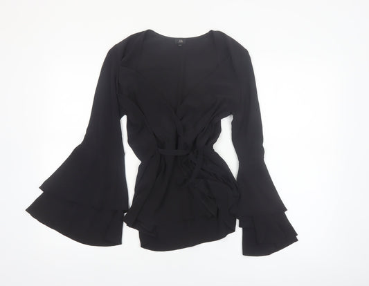 River Island Women’s Black Wrap Blouse Size 8 Bell Sleeve
