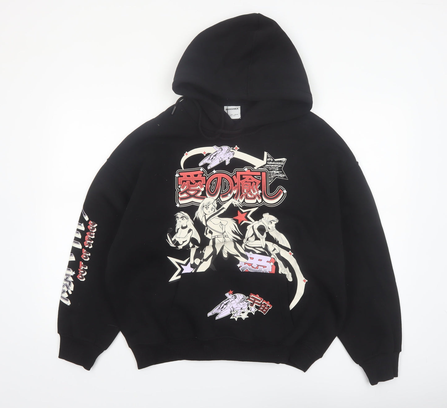 Bershka Men’s Black Anime Graphic Pullover Hoodie Size S