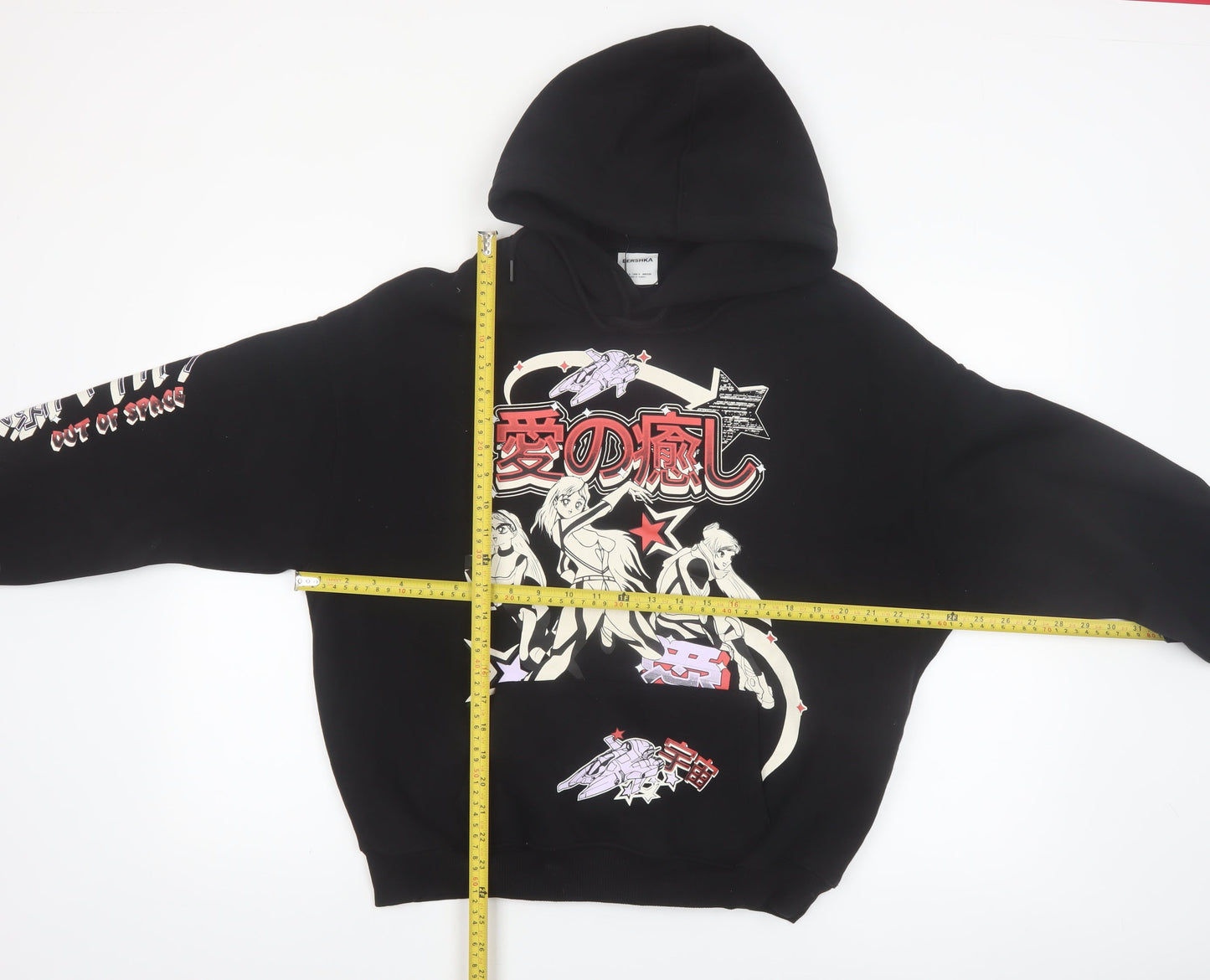 Bershka Men’s Black Anime Graphic Pullover Hoodie Size S