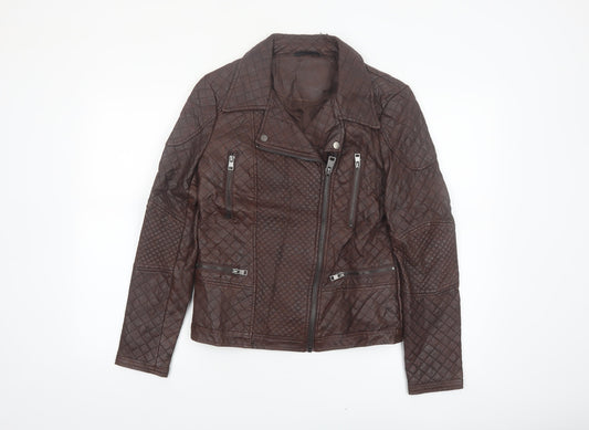 Dunnes Stores Women Brown Quilted Faux Leather Biker Jacket Size 10