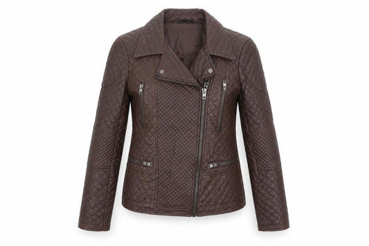 Front view of Dunnes Women Brown Quilted Faux Leather Biker Jacket, size 10