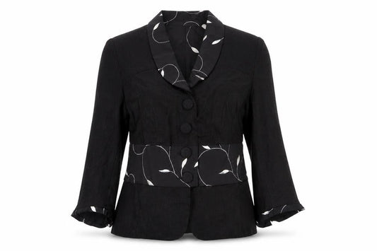 Cloda Women Black Linen Floral Trim Suit Jacket M