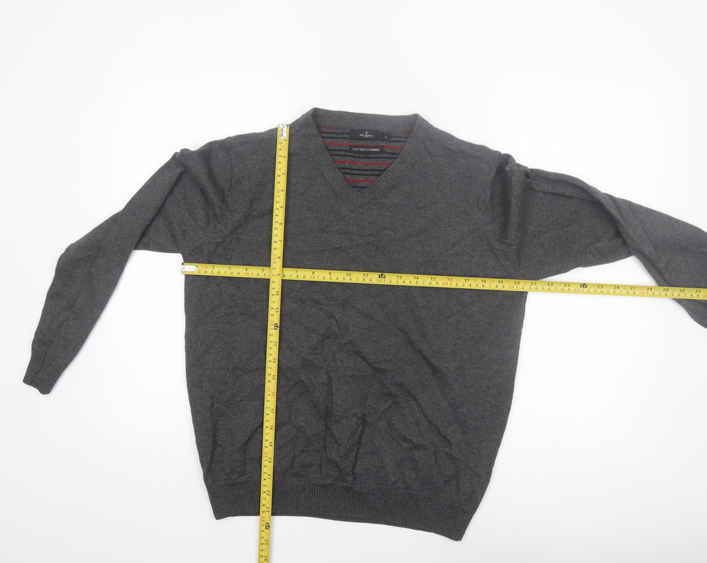 Jeff Banks Mens Grey Cotton Cashmere V-Neck Jumper Size L