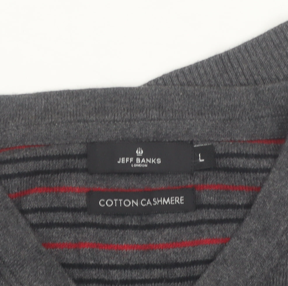 Jeff Banks Mens Grey Cotton Cashmere V-Neck Jumper Size L