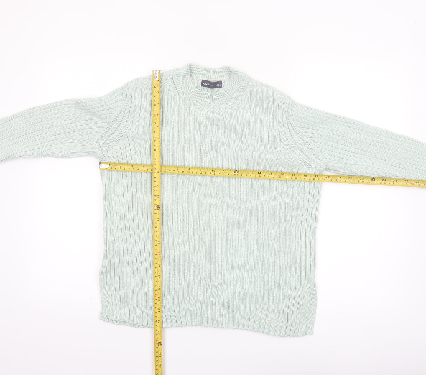 Marks and Spencer Women's Green Cotton Rib Knit Jumper Size 14