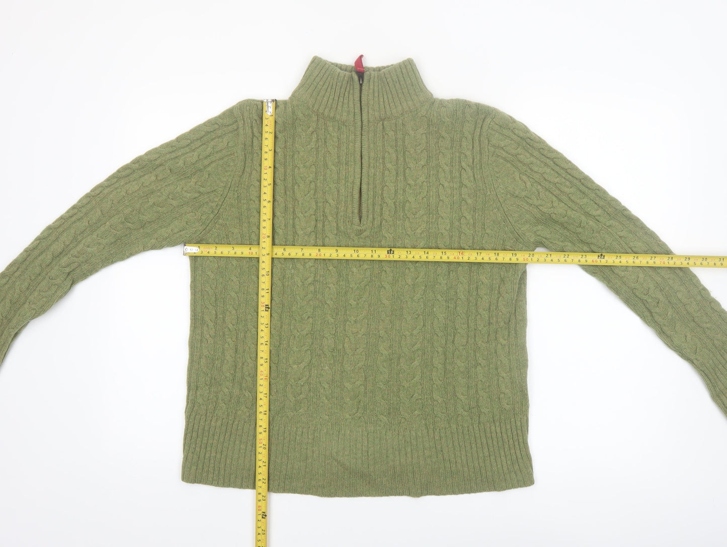 WoolOvers Women's Green 1/2 Zip Cable-Knit Wool Jumper M