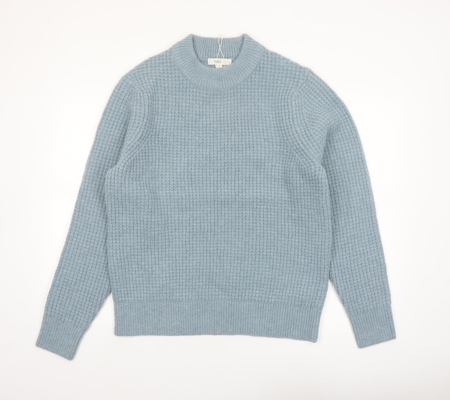 Marks and Spencer Men's Blue Waffle-Knit Crew Neck Jumper M