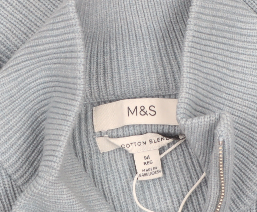 Marks and Spencer Men's Blue M Half Zip Cotton Blend Jumper