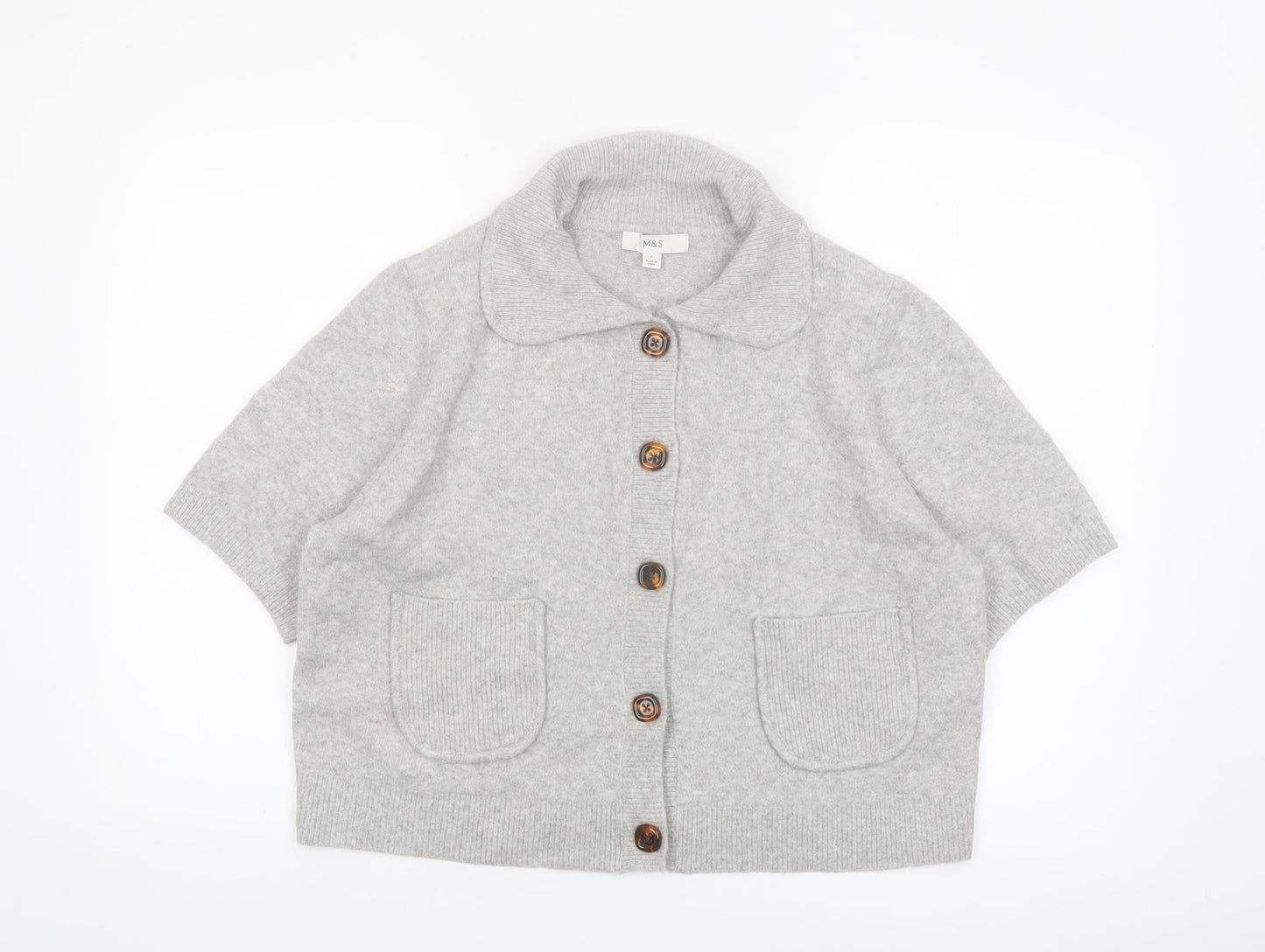 Marks and Spencer Women's Grey Collared Short Sleeve Knit Cardigan Size L