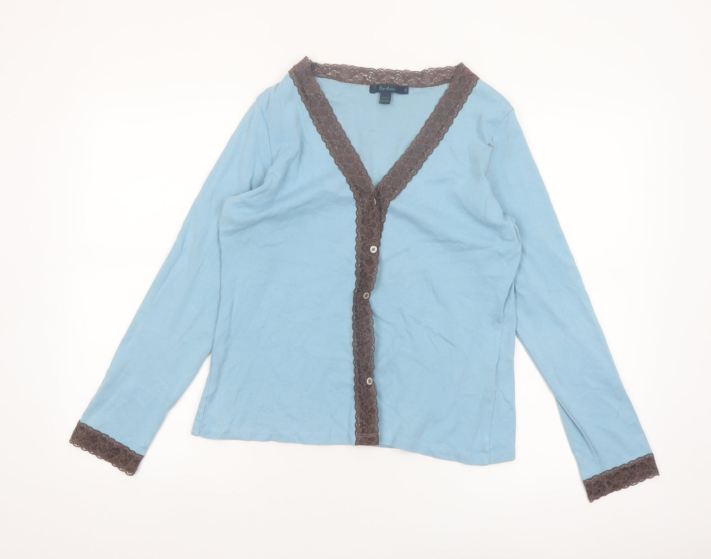 Boden Women Blue Lace Trim Cotton Long Sleeve Blouse Size 10