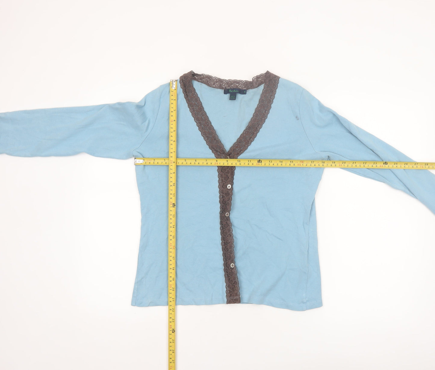 Boden Women Blue Lace Trim Cotton Long Sleeve Blouse Size 10