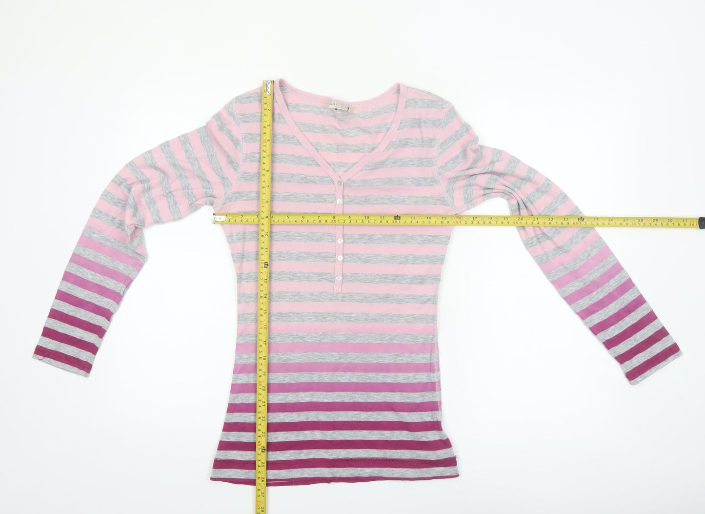 Marks and Spencer Womens Pink Striped Long Sleeve V-Neck T-Shirt Size 12