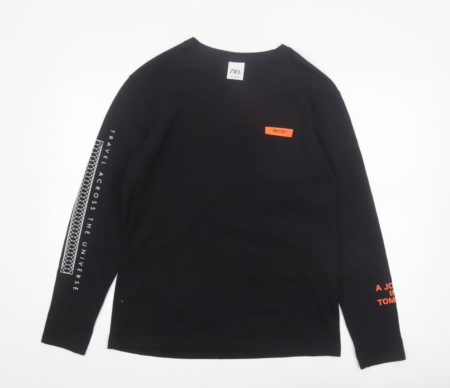 Zara Men Black Long Sleeve Travel Graphic Cotton Top L