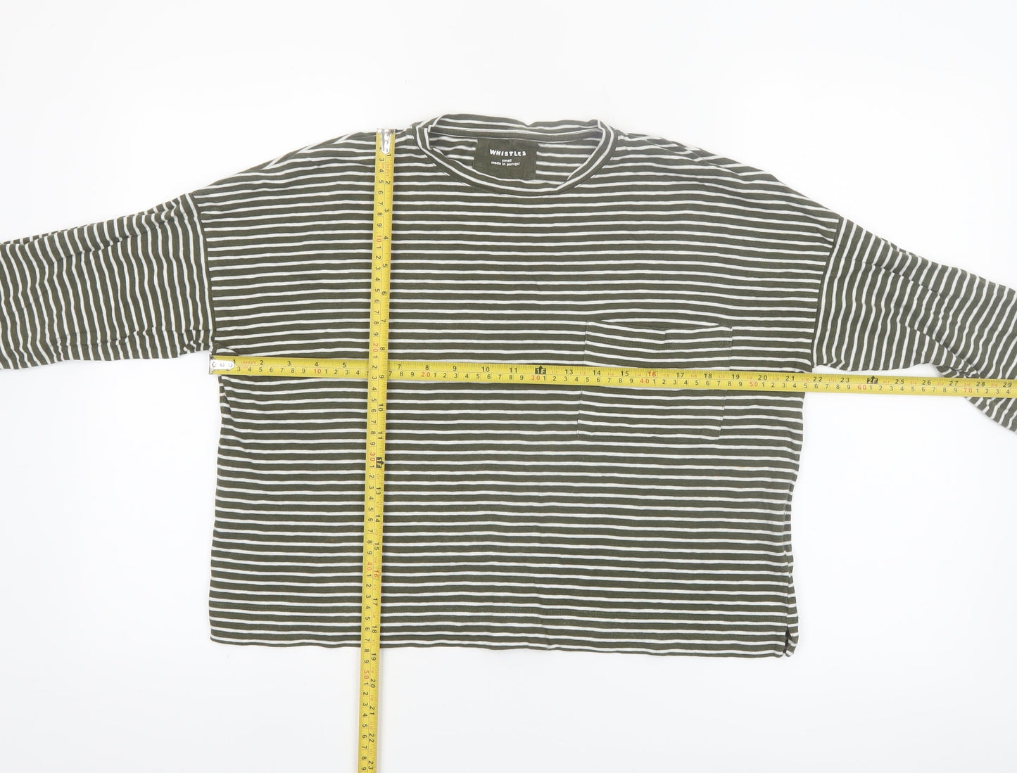 Whistles Women Green Striped Cotton 3/4 Sleeve T-Shirt S