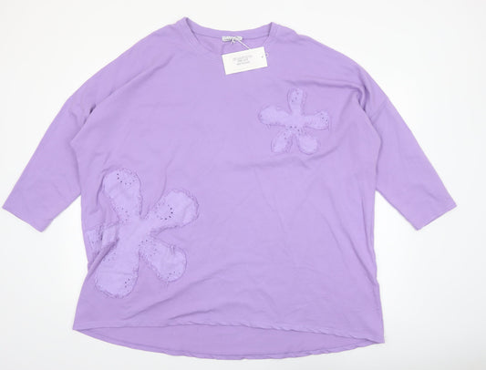 Lagenlook Women Purple Floral Relaxed Tunic T-Shirt One Size