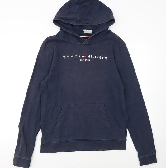 Tommy Hilfiger Girls Blue Pullover Hoodie Size 176 Hooded Logo Sweatshirt