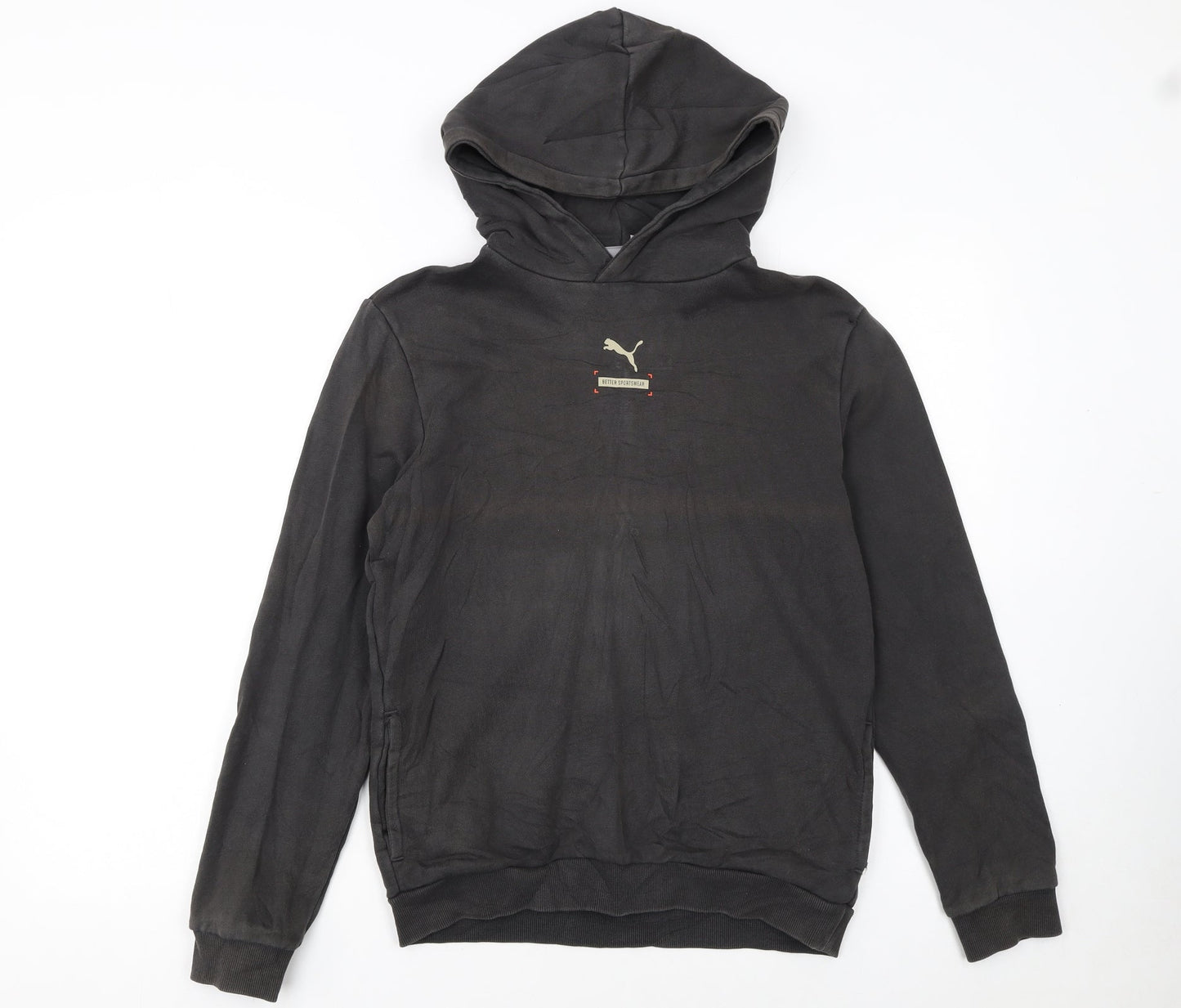 Puma Boys Black Pullover Hoodie 13-14 Years Fleece Graphic Logo Sweatshirt