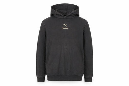 Front view of Puma boys’ black pullover hoodie 13-14 years fleece graphic logo sweatshirt