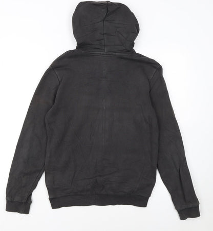 Close-up detail of Puma boys’ black pullover hoodie 13-14 years fleece graphic logo sweatshirt