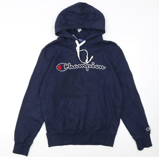 Preloved Champion Men's Blue Pullover Hoodie Medium Embroidered Logo - Front