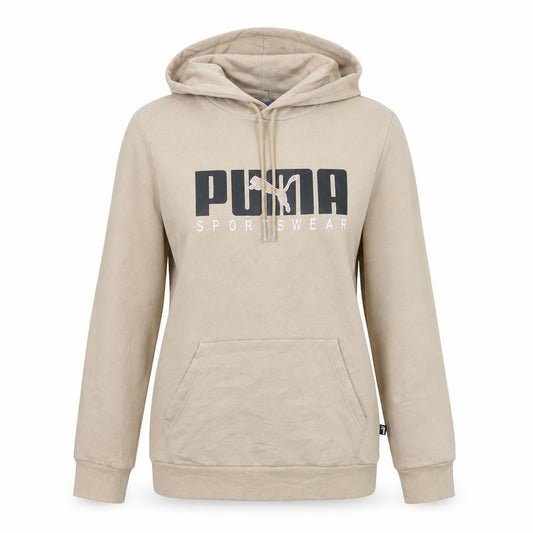 Front view of Puma women’s beige xs pullover hoodie sportswear logo sweatshirt