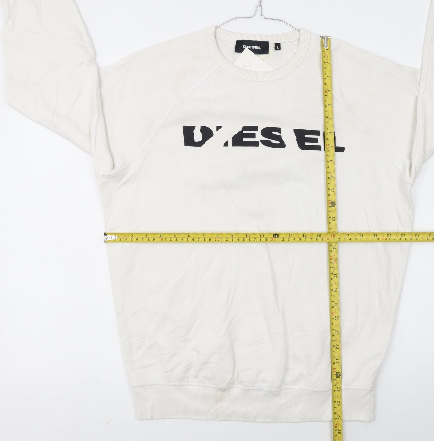 Diesel Men’s White Cotton Logo Pullover Sweatshirt Size L