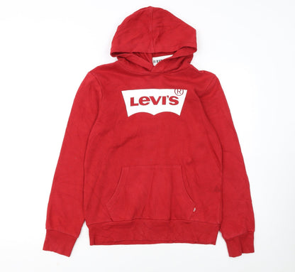 Additional front view of Levi's boys’ red pullover hoodie 14 years graphic logo sweatshirt