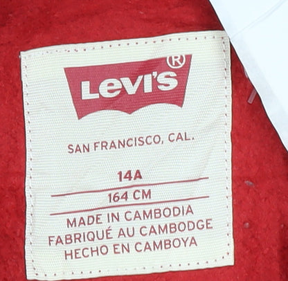 Brand and care label for Levi's boys’ red pullover hoodie 14 years graphic logo sweatshirt