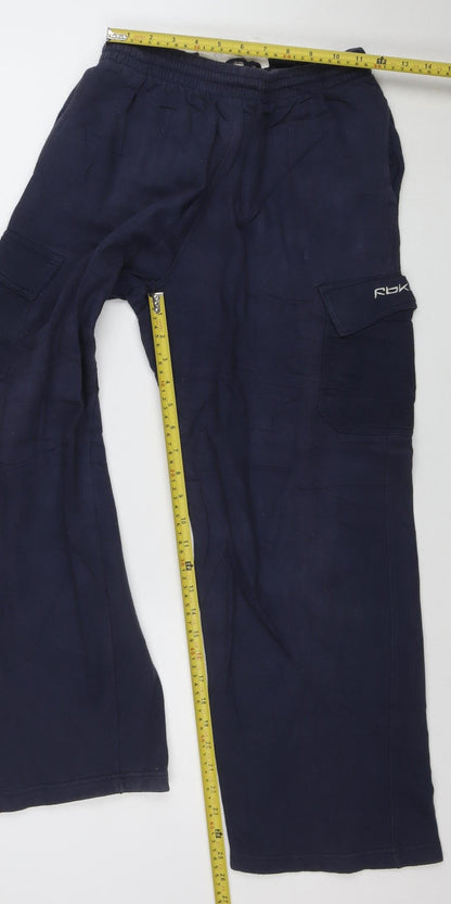 Close-up detail of Reebok boys’ blue l jogger trousers cotton blend elastic waist activewear