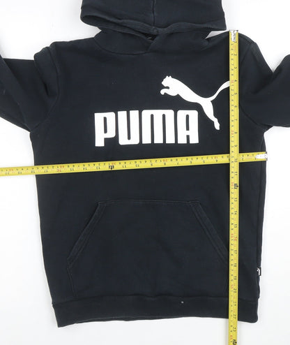 Close-up detail of Puma boys’ black pullover hoodie xl 16 cotton blend logo print