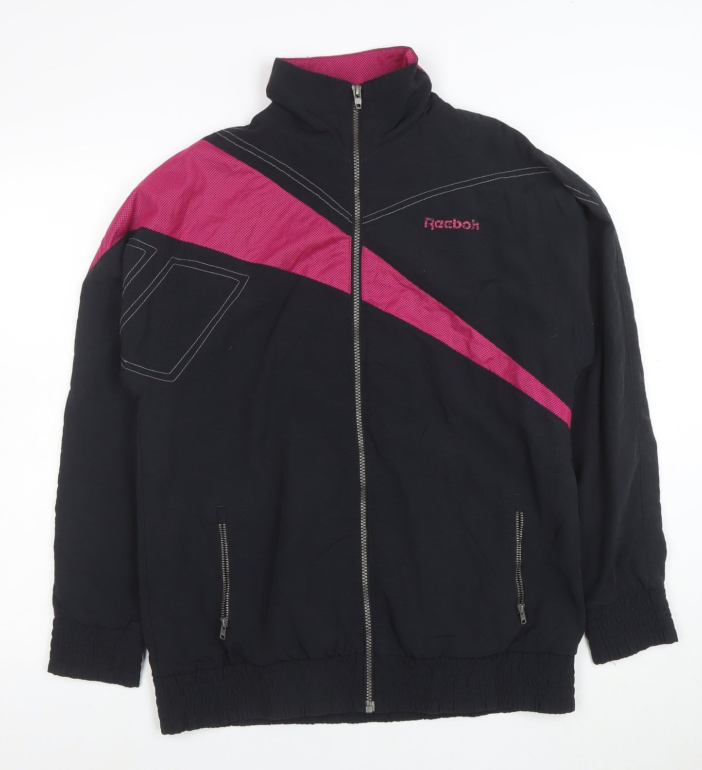 Reebok Women’s Black & Pink 90s Bomber Jacket Size L Full Zip Retro Sportswear