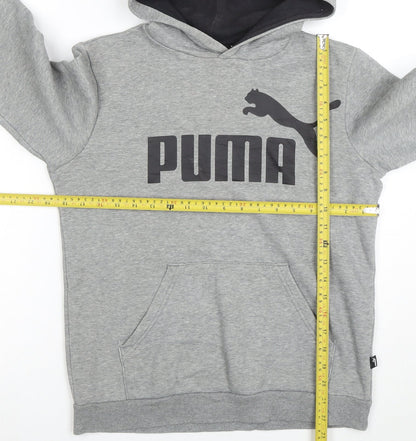 Close-up detail of Puma boys’ grey pullover hoodie, size 14-15, years cotton blend