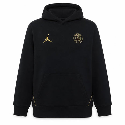 Front view of Jordan boys’ black xl pullover hoodie paris saint germain logo