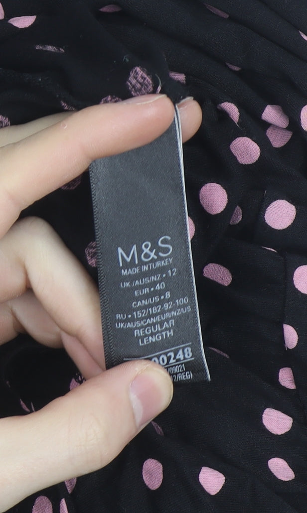 Marks and Spencer Women's Black Pink Polka Dot Midi A-Line Dress Size 12
