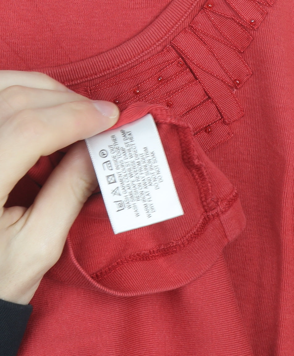 CC Women Red Beaded Ruffle Cotton Long Sleeve Top Size L