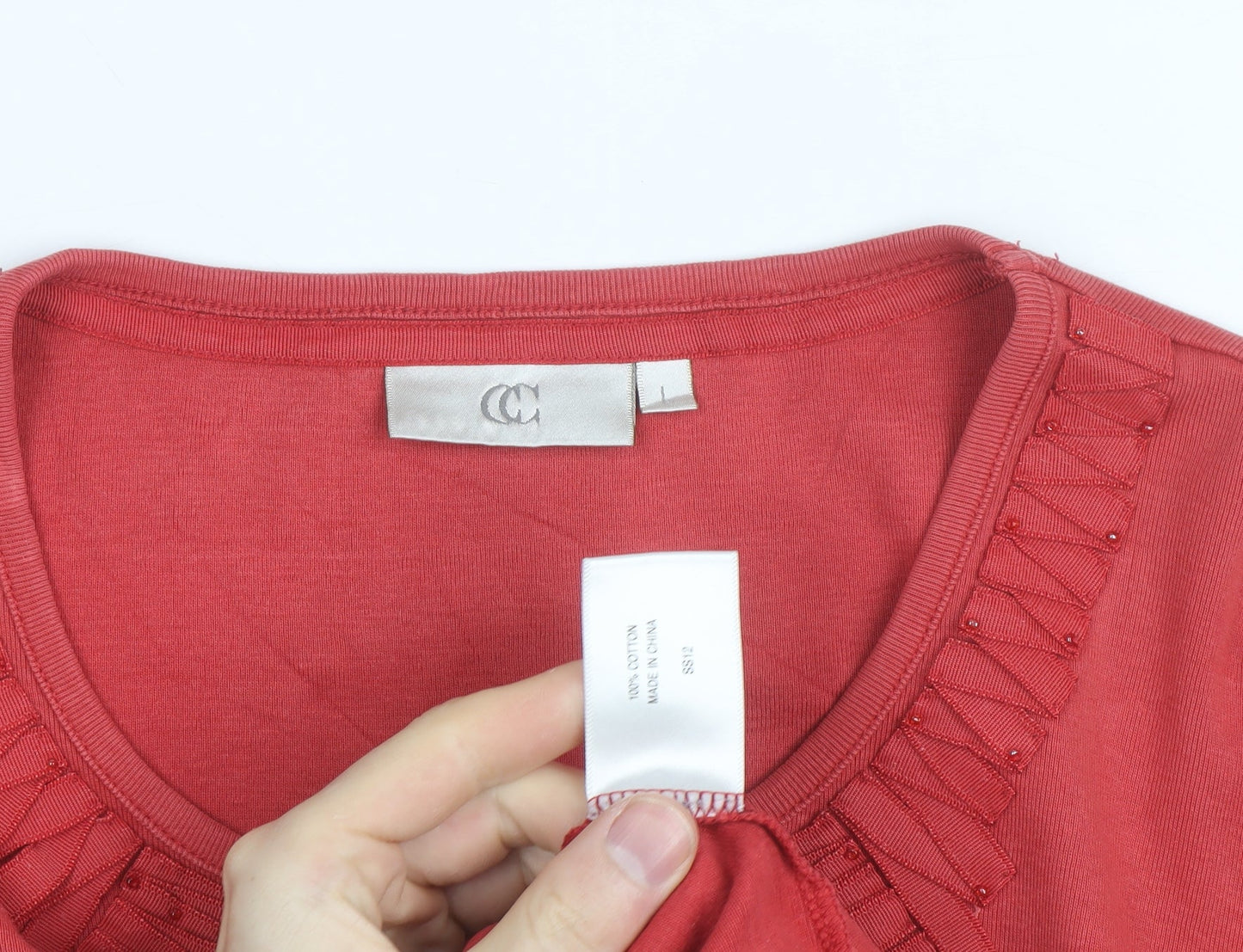 CC Women Red Beaded Ruffle Cotton Long Sleeve Top Size L
