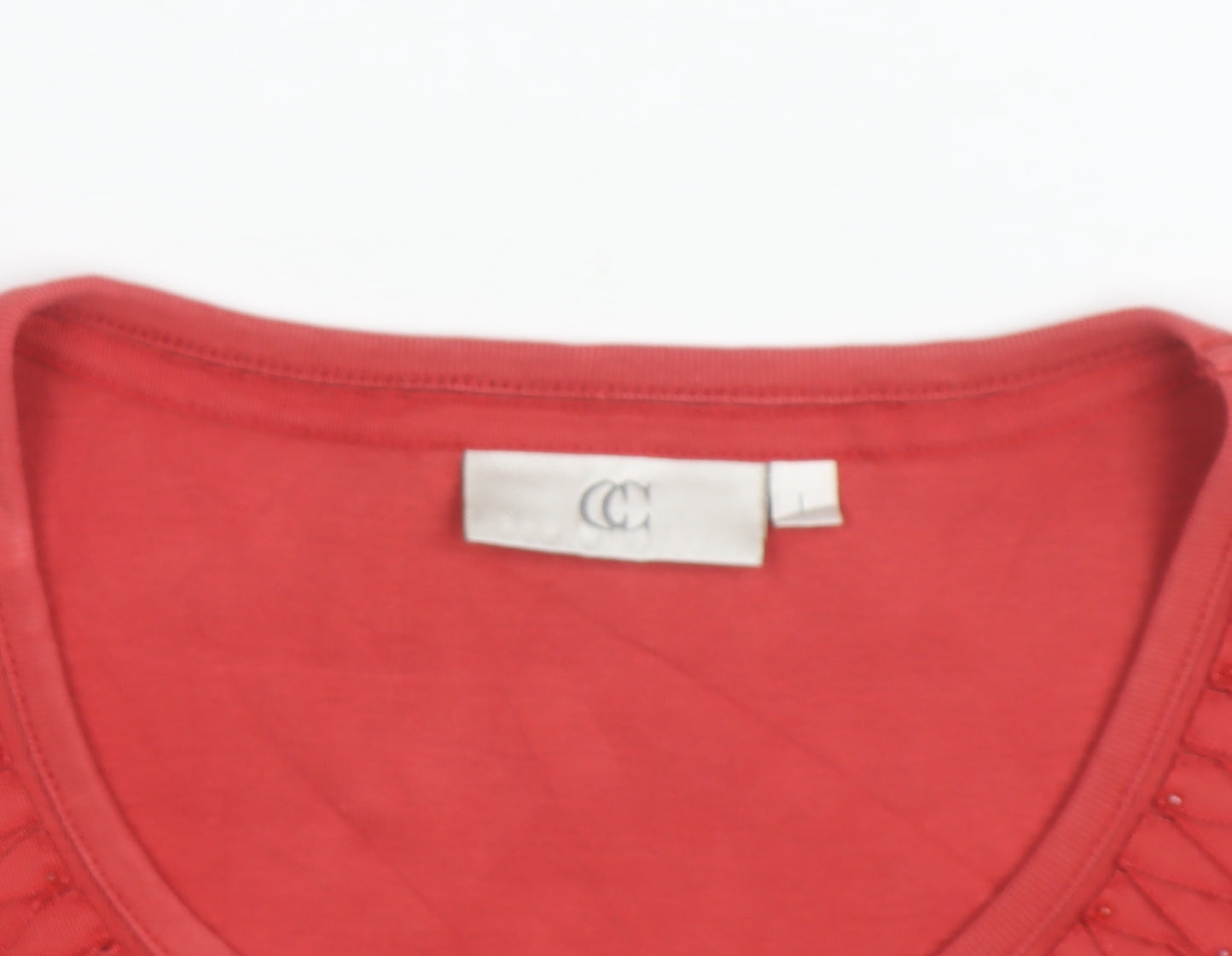 CC Women Red Beaded Ruffle Cotton Long Sleeve Top Size L