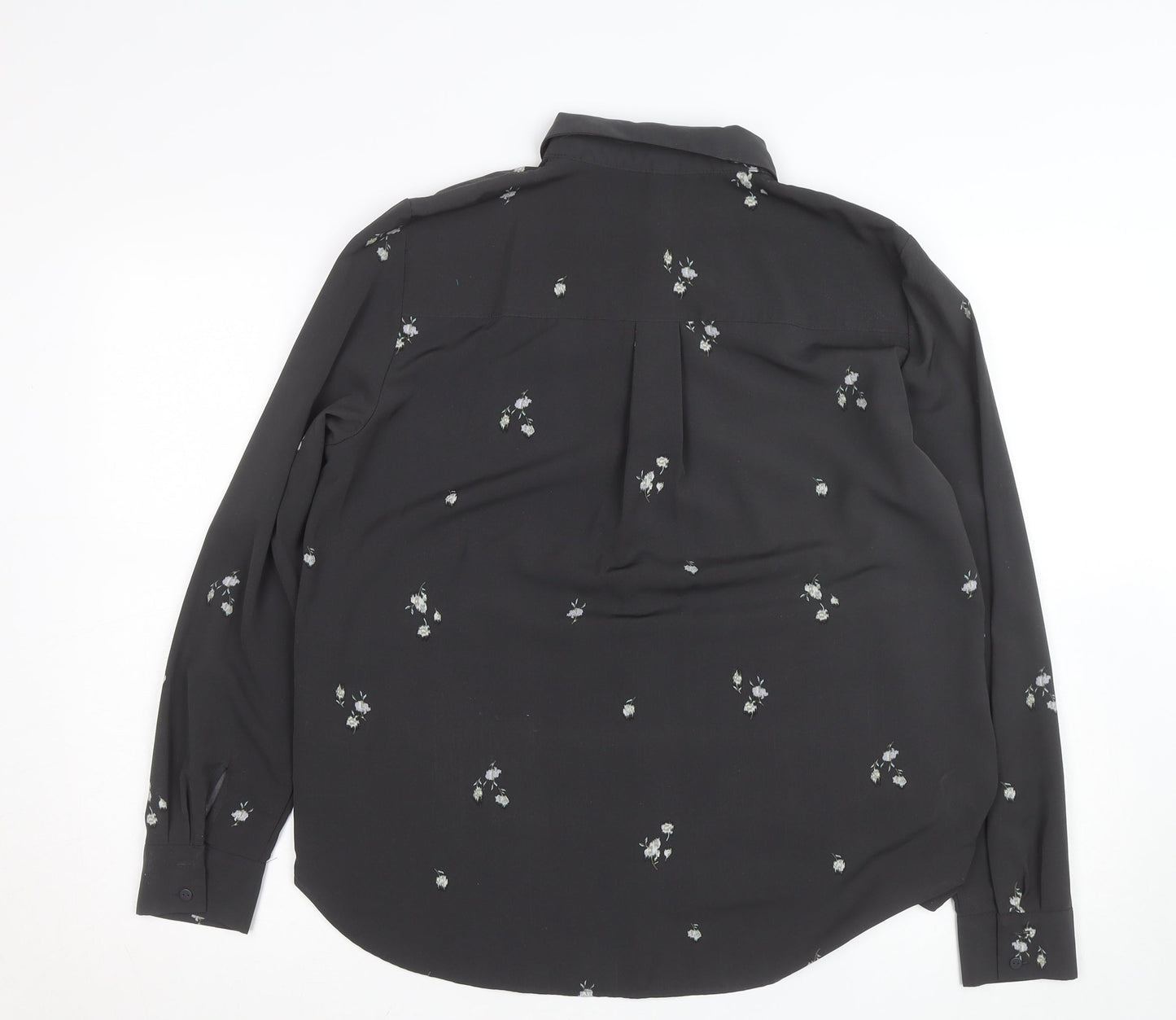 H&M Womens Black Floral Collared Blouse Size M Long Sleeve Work Top