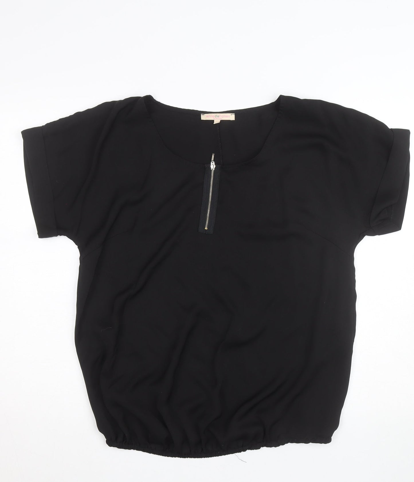 Envie de Fraises Women’s Black Size 14 Zip Neck Short Sleeve Blouse