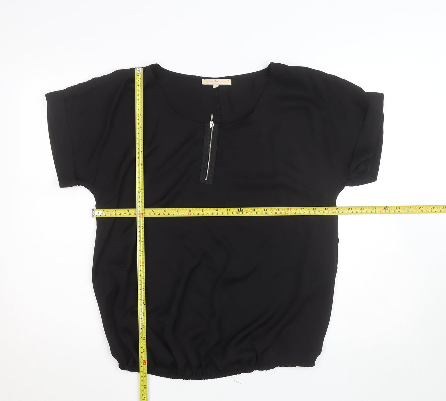 Envie de Fraises Women’s Black Size 14 Zip Neck Short Sleeve Blouse
