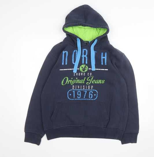 Preloved Cargo Quay Men’s Blue Pullover Hoodie L Graphic Fleece Lined - Front