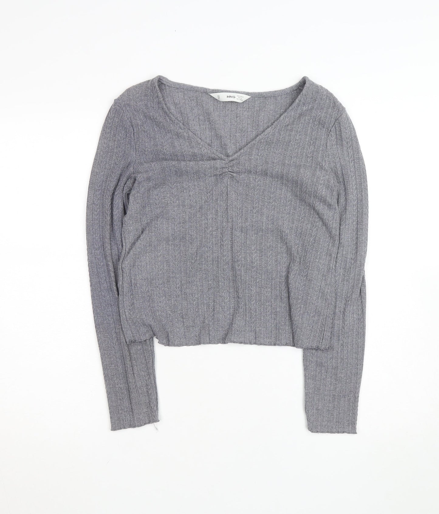 MNG Women's Grey V-Neck Ribbed Knit Long Sleeve Pullover Jumper Size 12