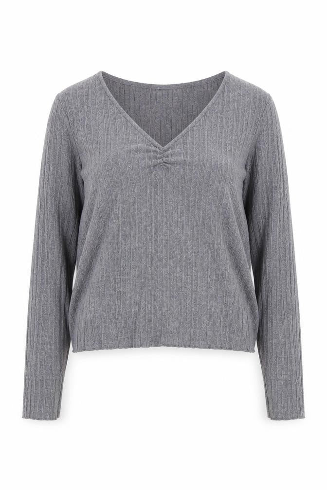MNG Women's Grey V-Neck Ribbed Knit Long Sleeve Pullover Jumper Size 12