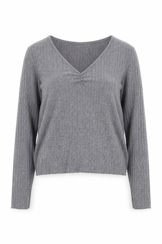Mango Women's Grey V-Neck Ribbed Knit Long Sleeve Pullover Jumper Size 12