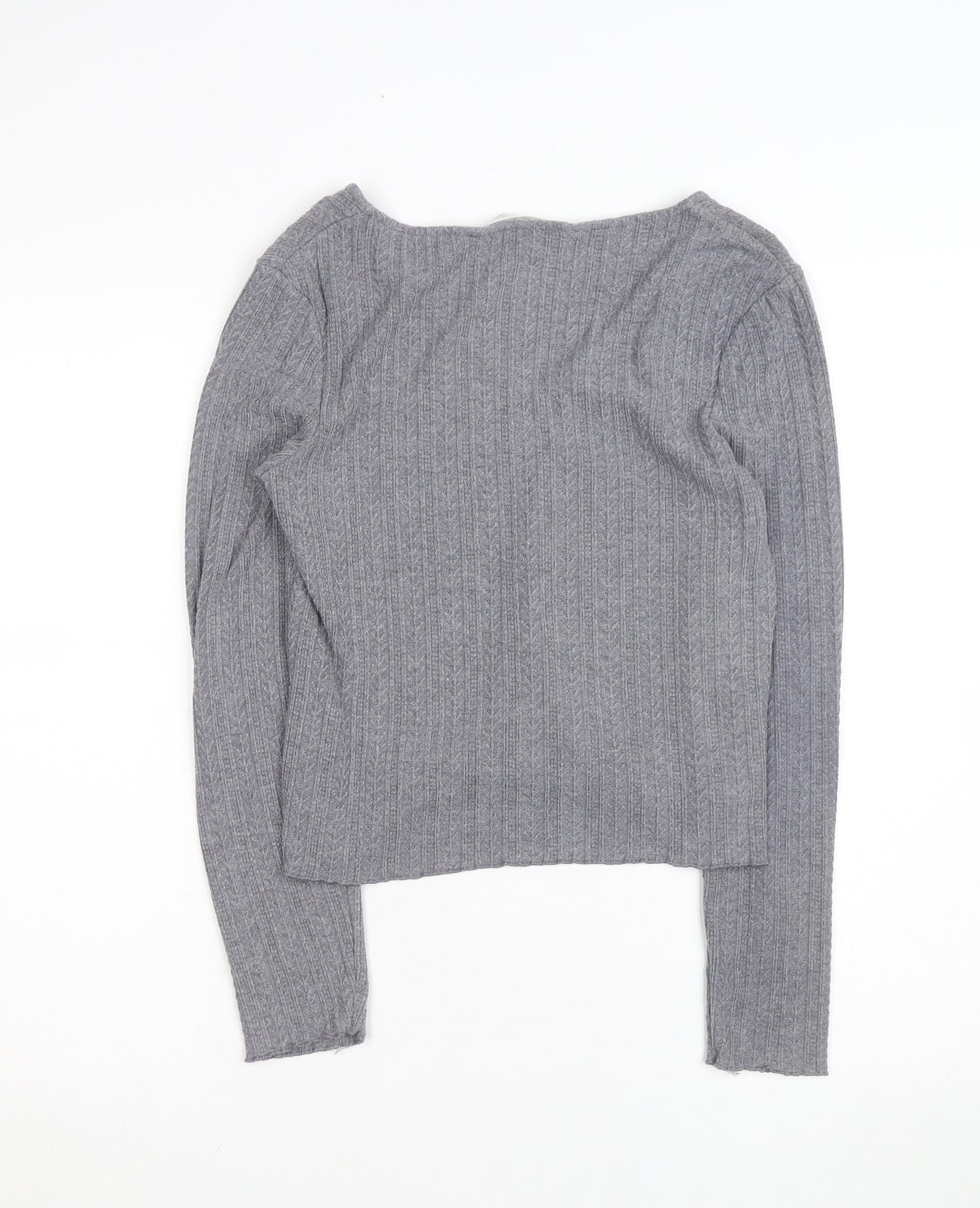 MNG Women's Grey V-Neck Ribbed Knit Long Sleeve Pullover Jumper Size 12