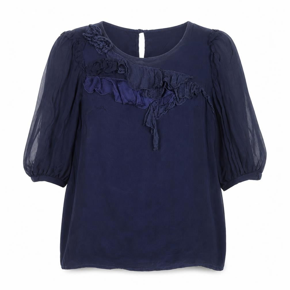 Phase Eight Women's Blue Silk Cotton Ruffle Tunic Blouse Size 12