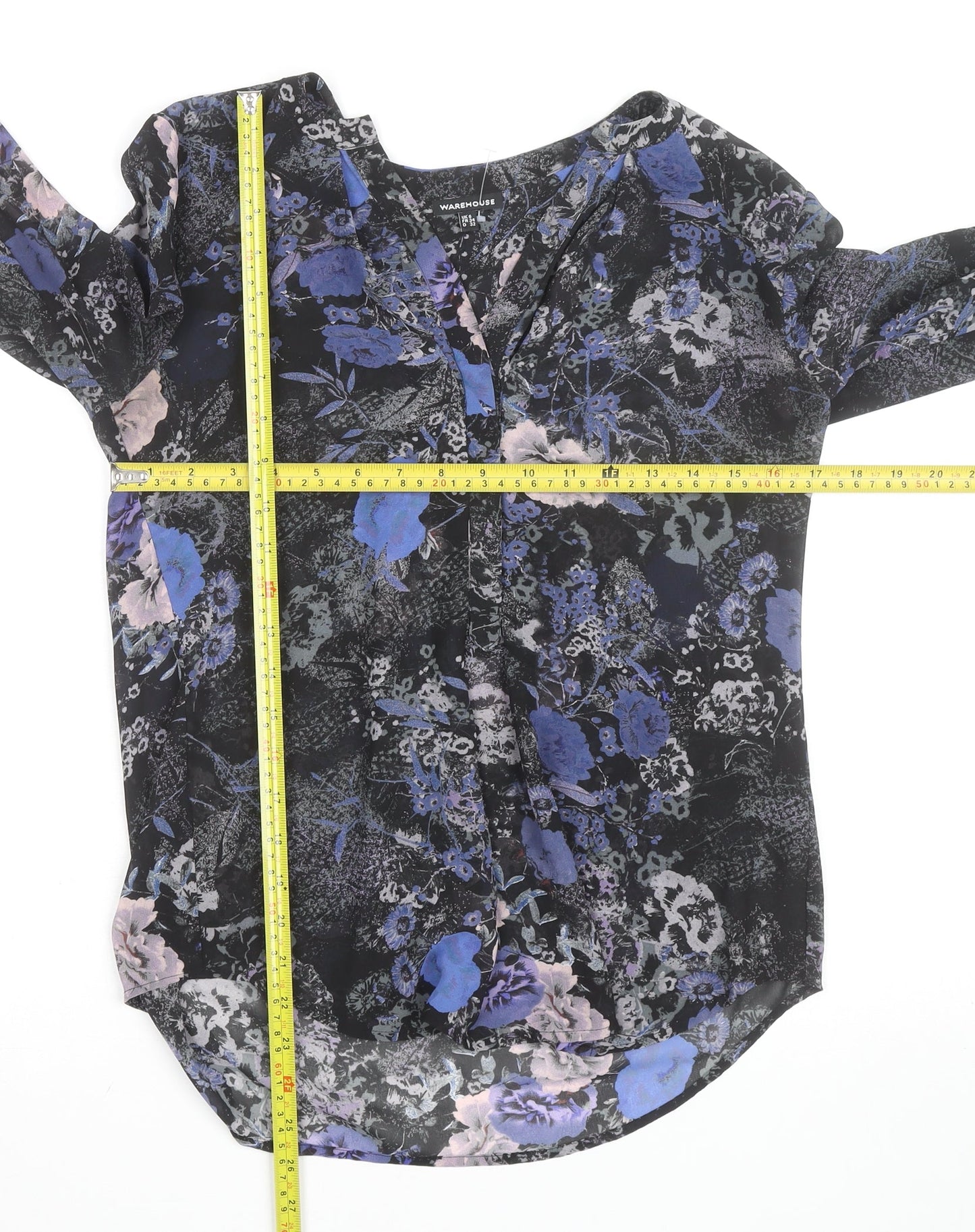 Warehouse Women’s Black Blue Floral Long Sleeve Blouse UK 6