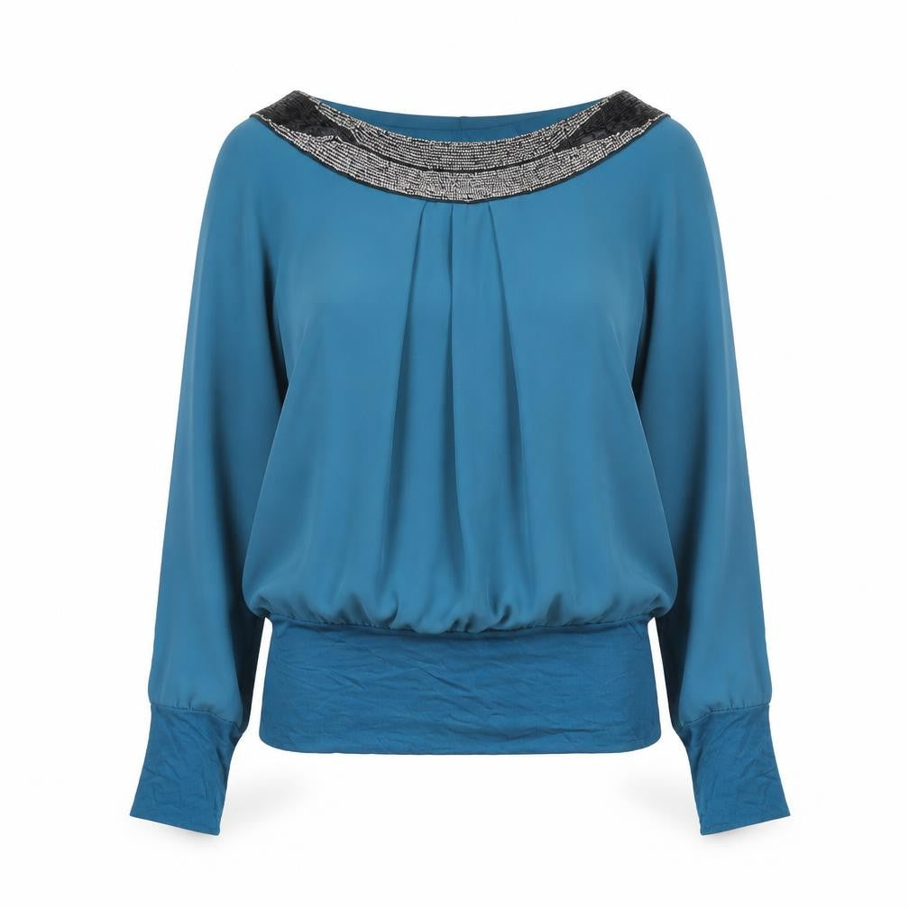 Van Caloen Women’s Blue Beaded Boat Neck Tunic Blouse Size M