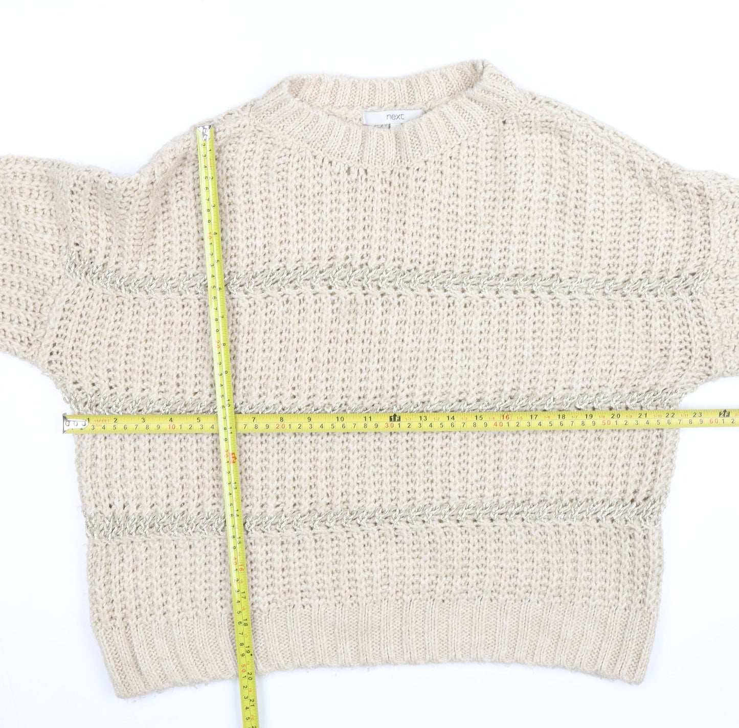 Next Women Beige Chunky Knit Crew Neck Pullover Jumper M