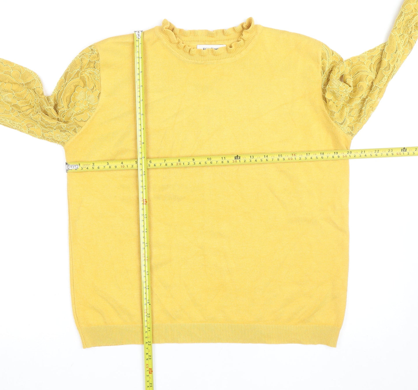 Wild Flower Women Yellow Lace Sleeve Ruffle High Neck Jumper Size L